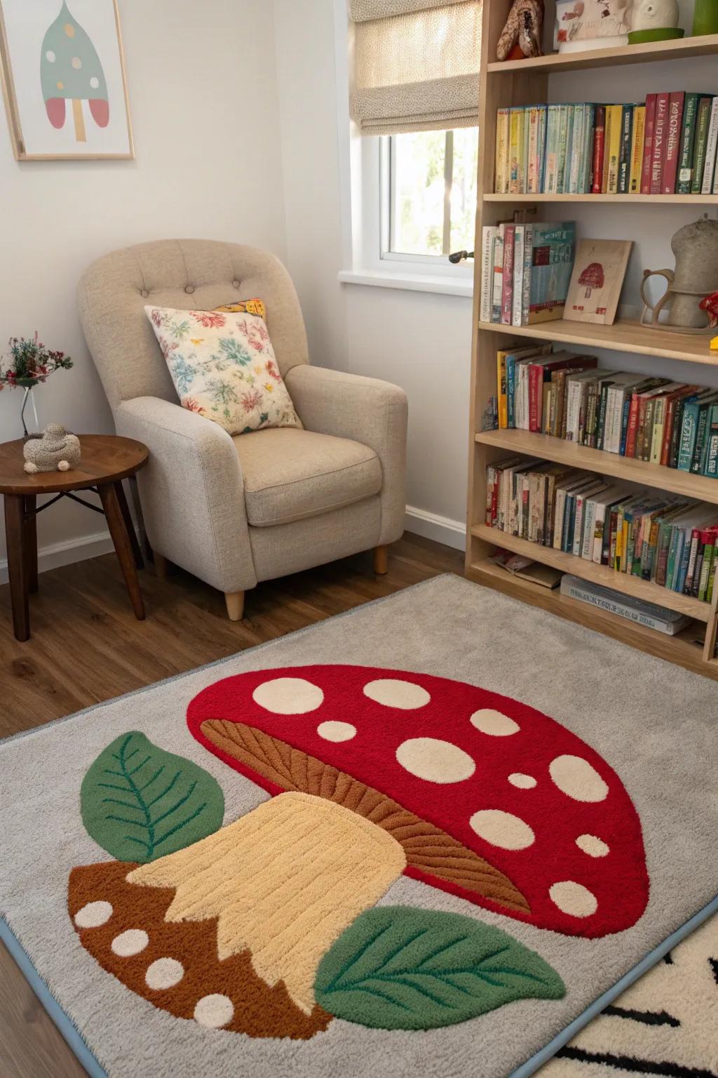 A toadstool-shaped rug brings a sense of wonder to this reading nook.