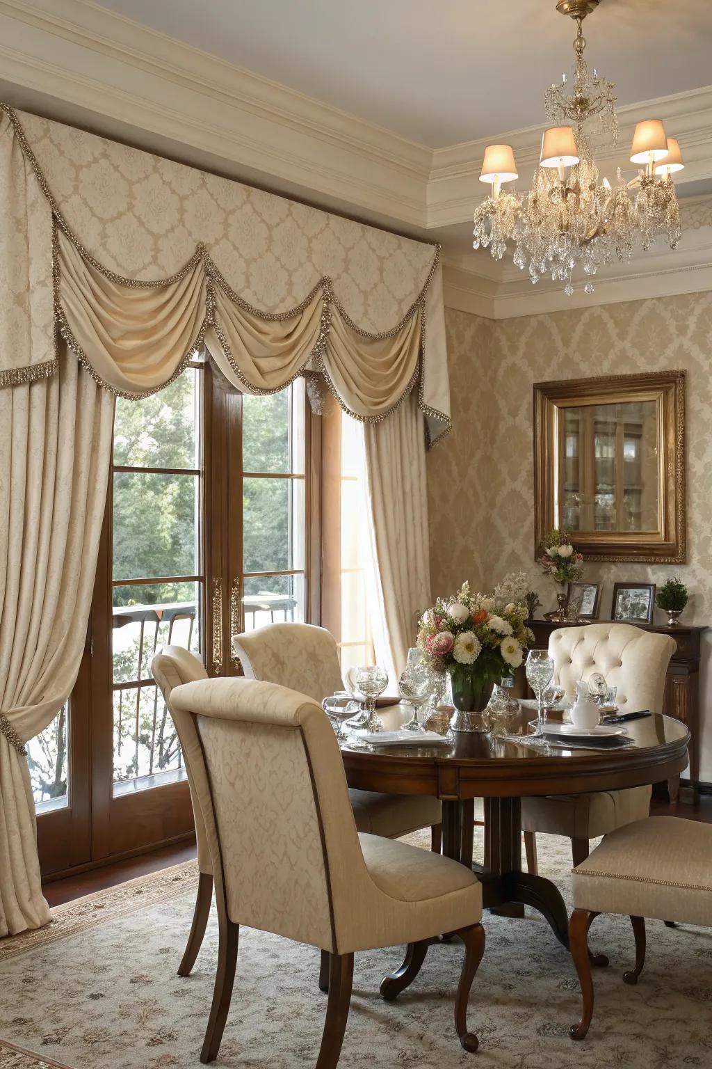 Board-mounted valances bring timeless elegance to any dining room.