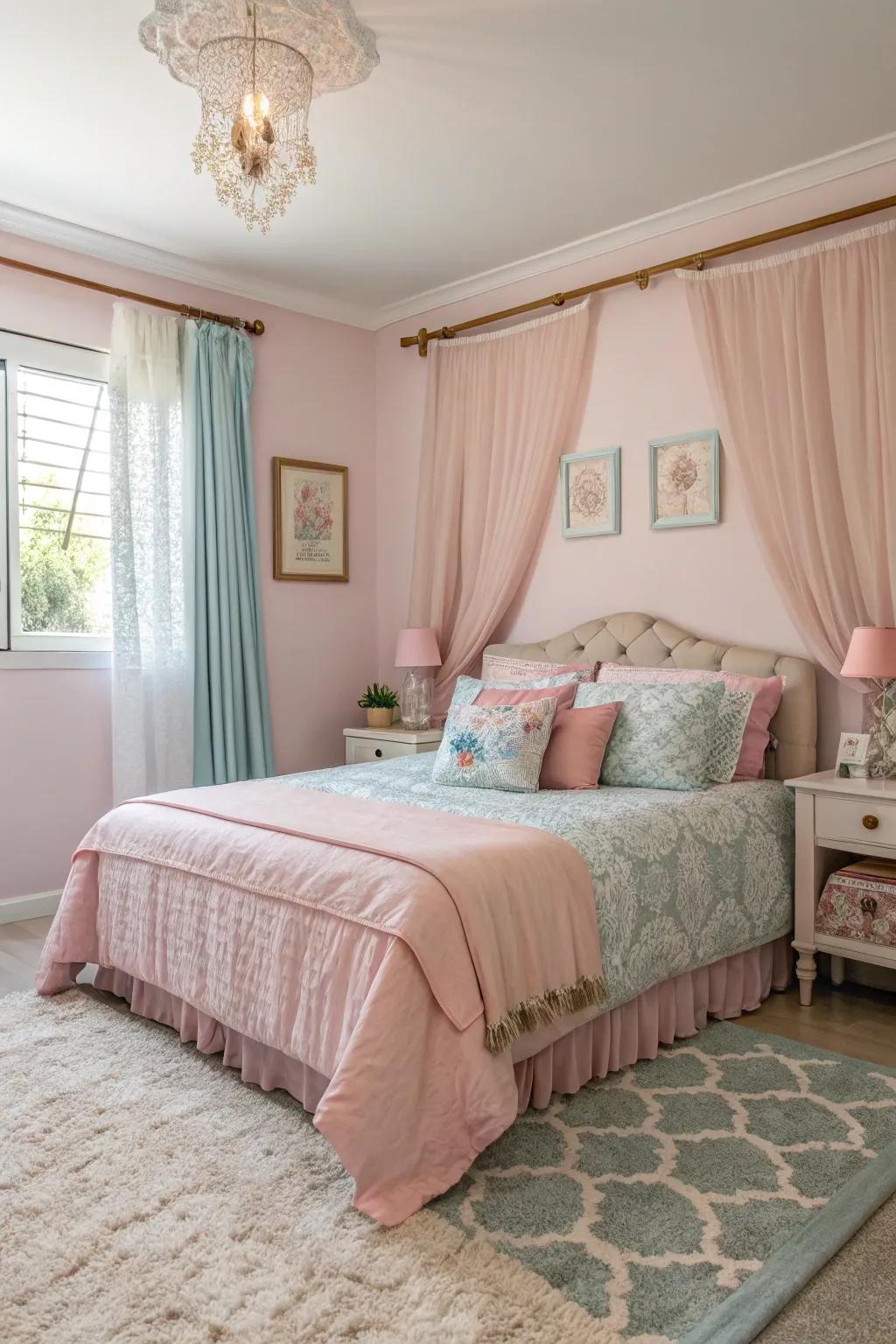 A tranquil and balanced pastel-themed bedroom designed for sisters.