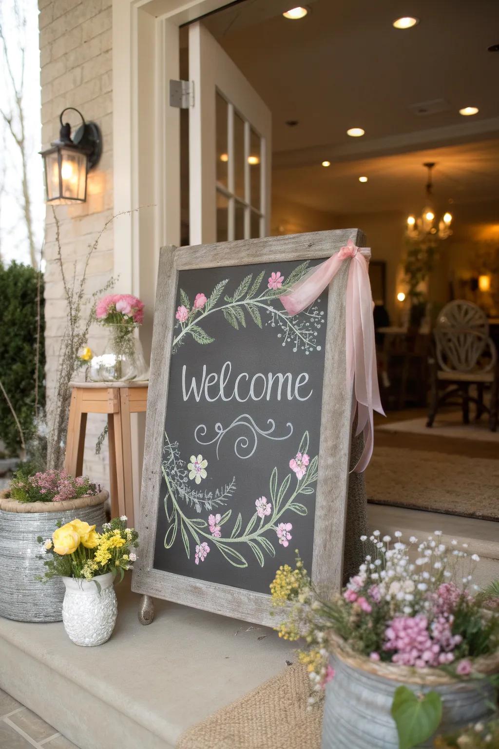 A welcoming entryway chalkboard featuring a seasonal message and floral decorations.
