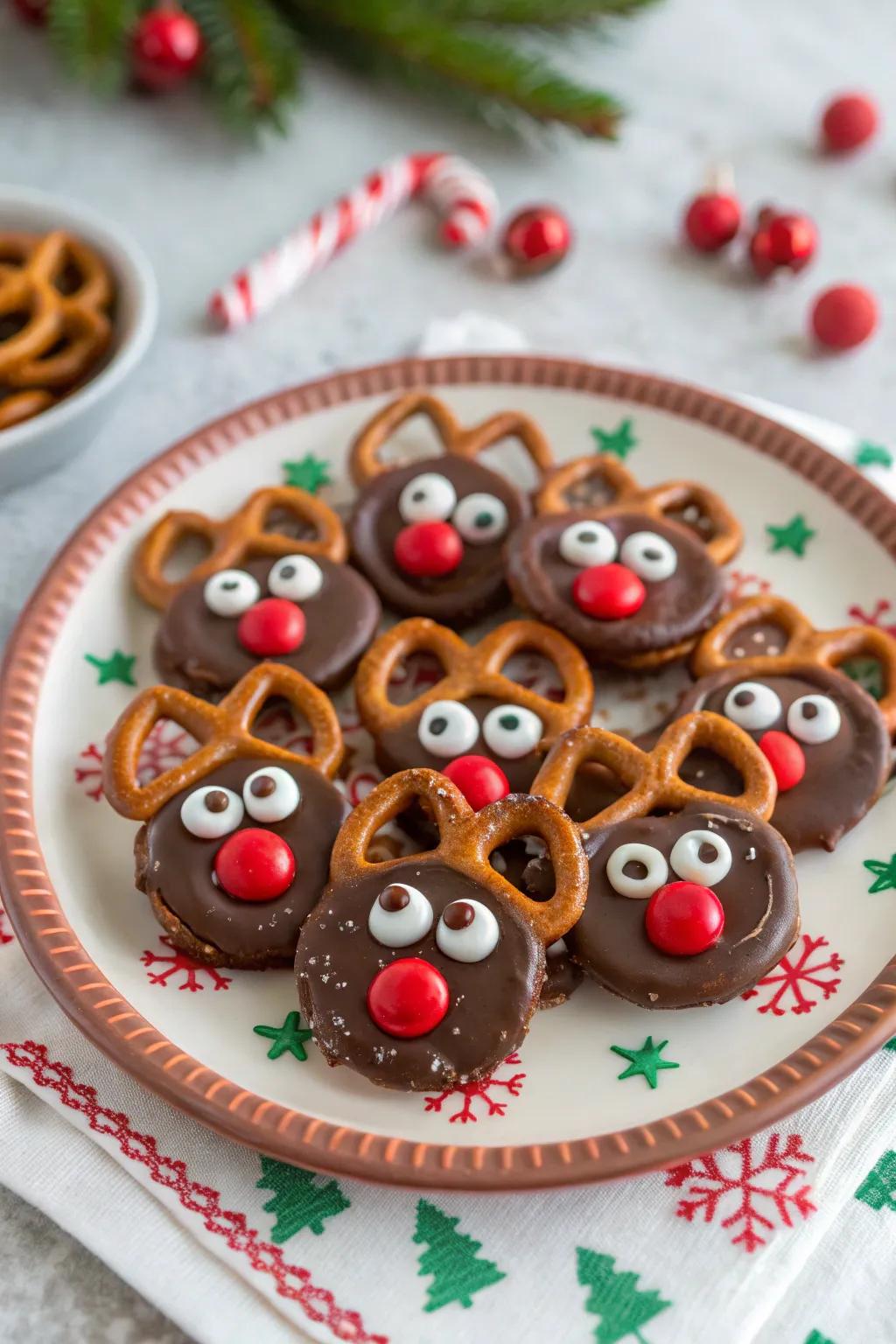 Lovable reindeer pretzels that are suitable for munching or giving.