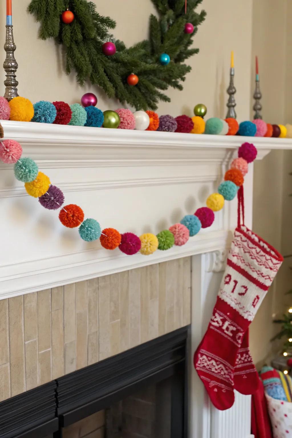 A vibrant pom-pom garland adds a playful touch to holiday decor.