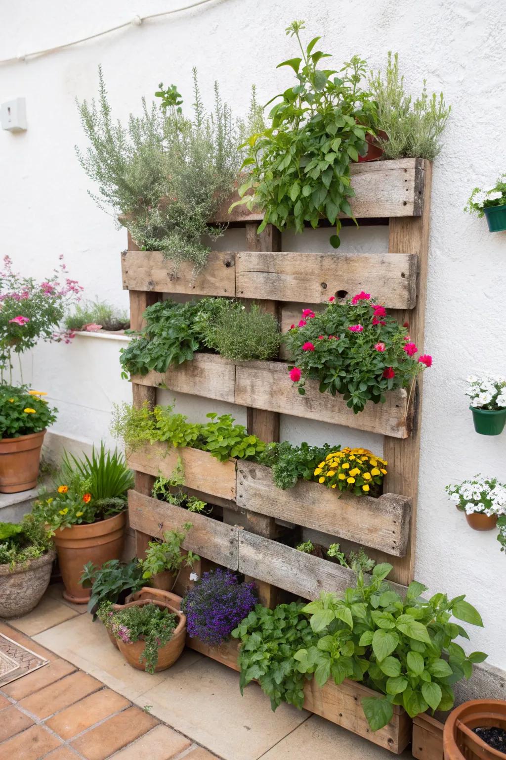 Upright pallet gardens offer a delightful mix of visual appeal and practicality.