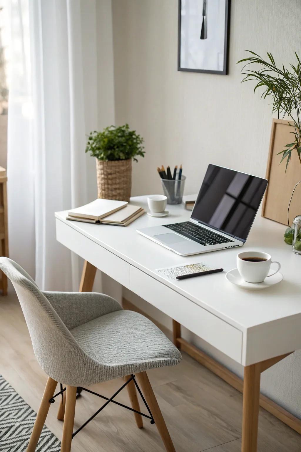 A minimalist home office showcasing a sleek white desk and understated decor.