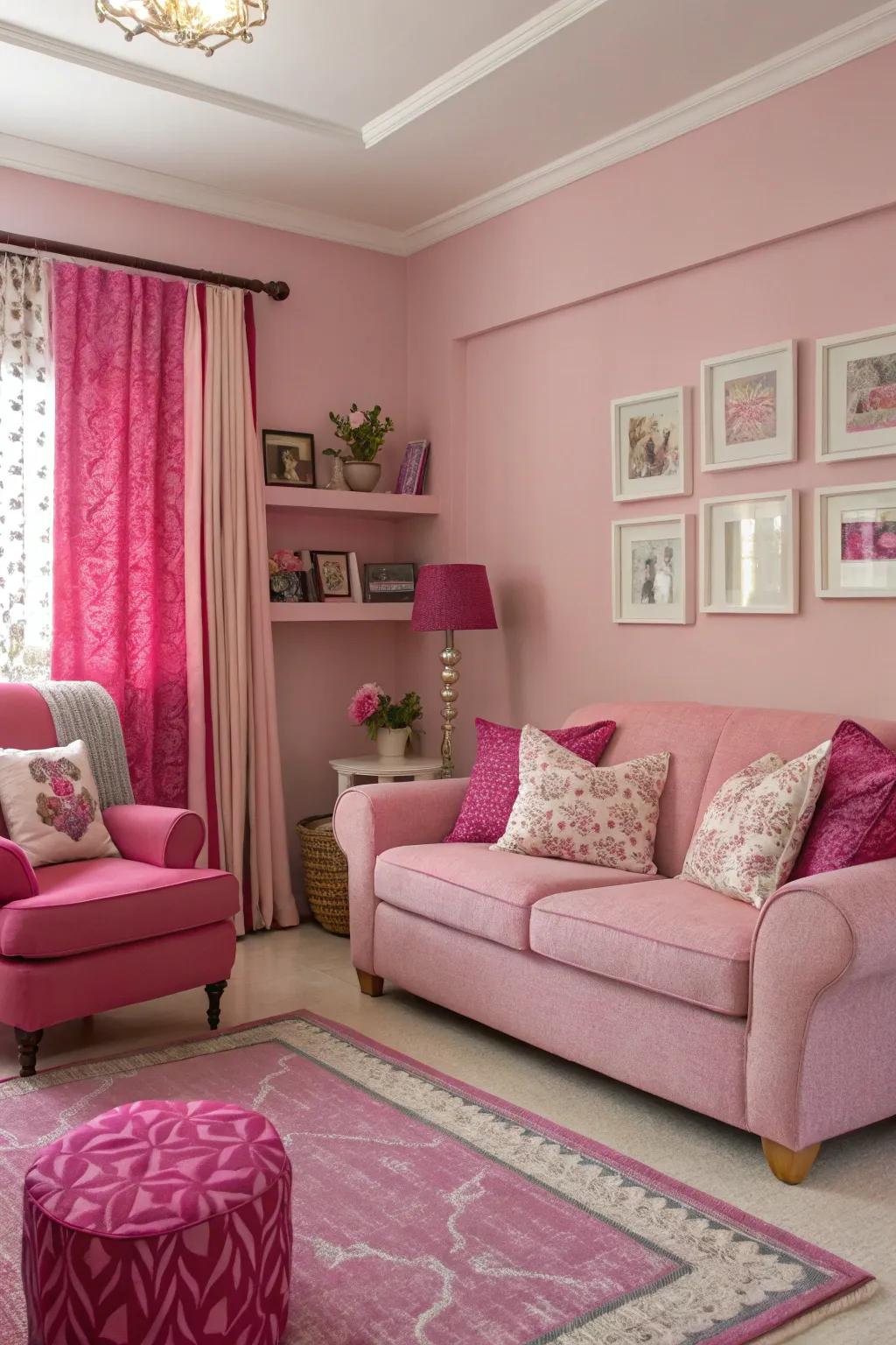 A monochromatic pink scheme brings harmony and an inviting feel to the living room.