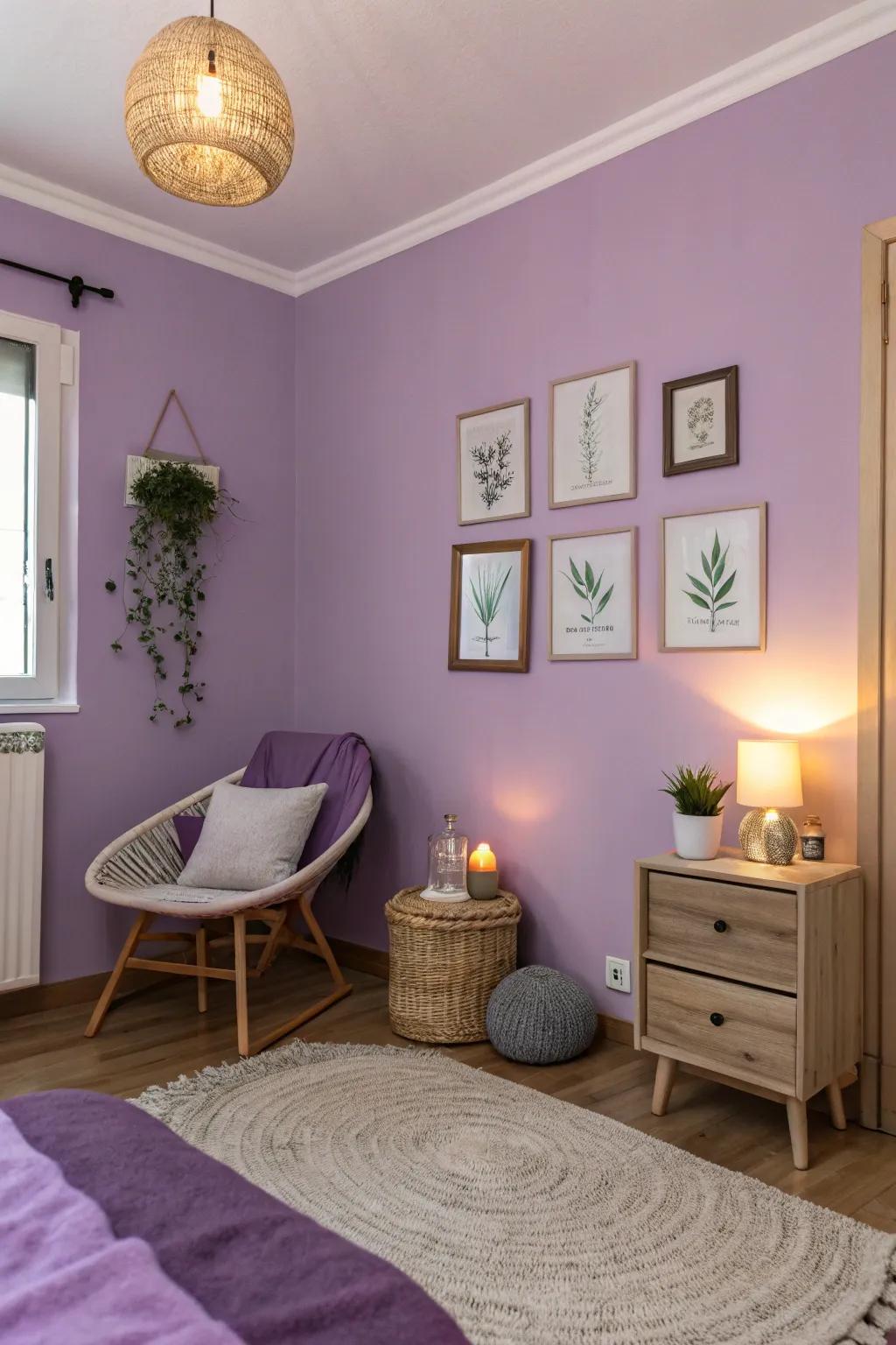 Lavender walls creating a peaceful and tranquil atmosphere.
