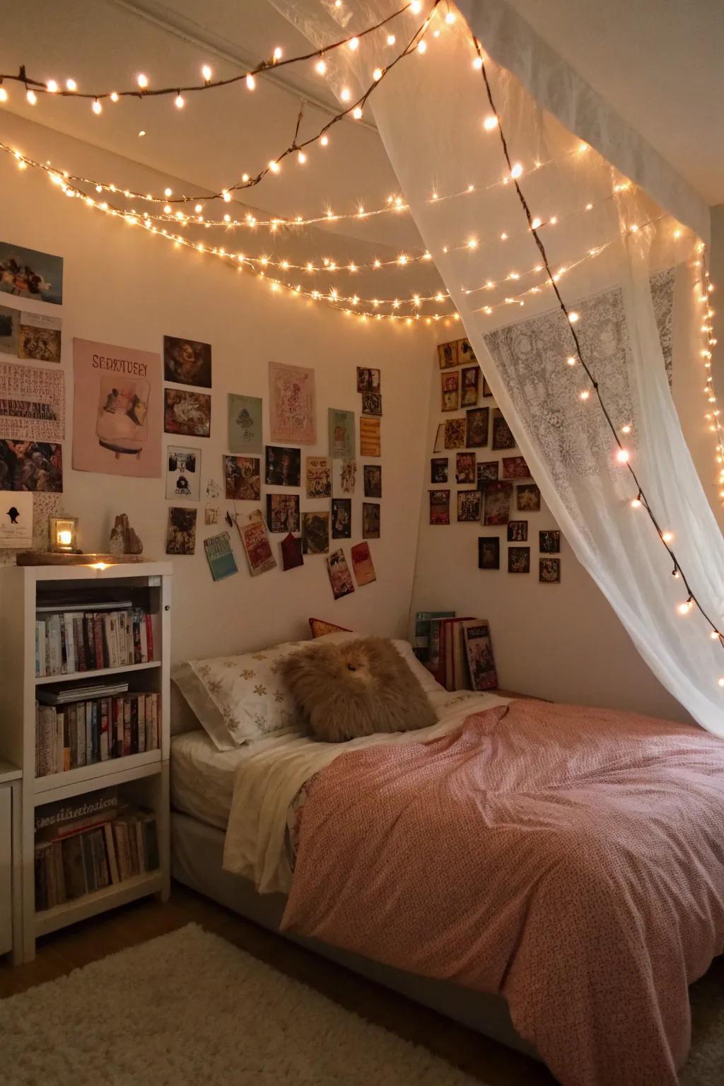 String lights giving a magical glow to a teen's room.