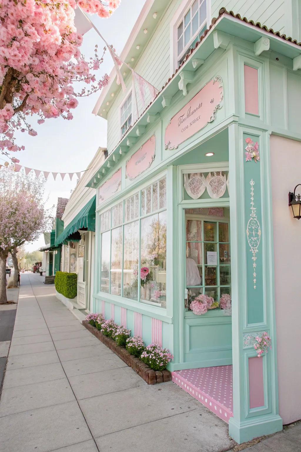 A storefront adorned with pastel hues of mint green and pink, exuding a whimsical charm.