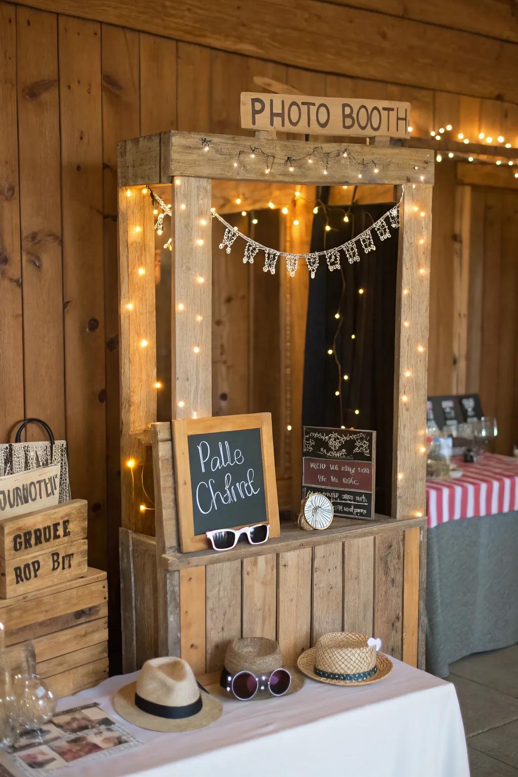 A warm and inviting photo booth arrangement with earthy details.