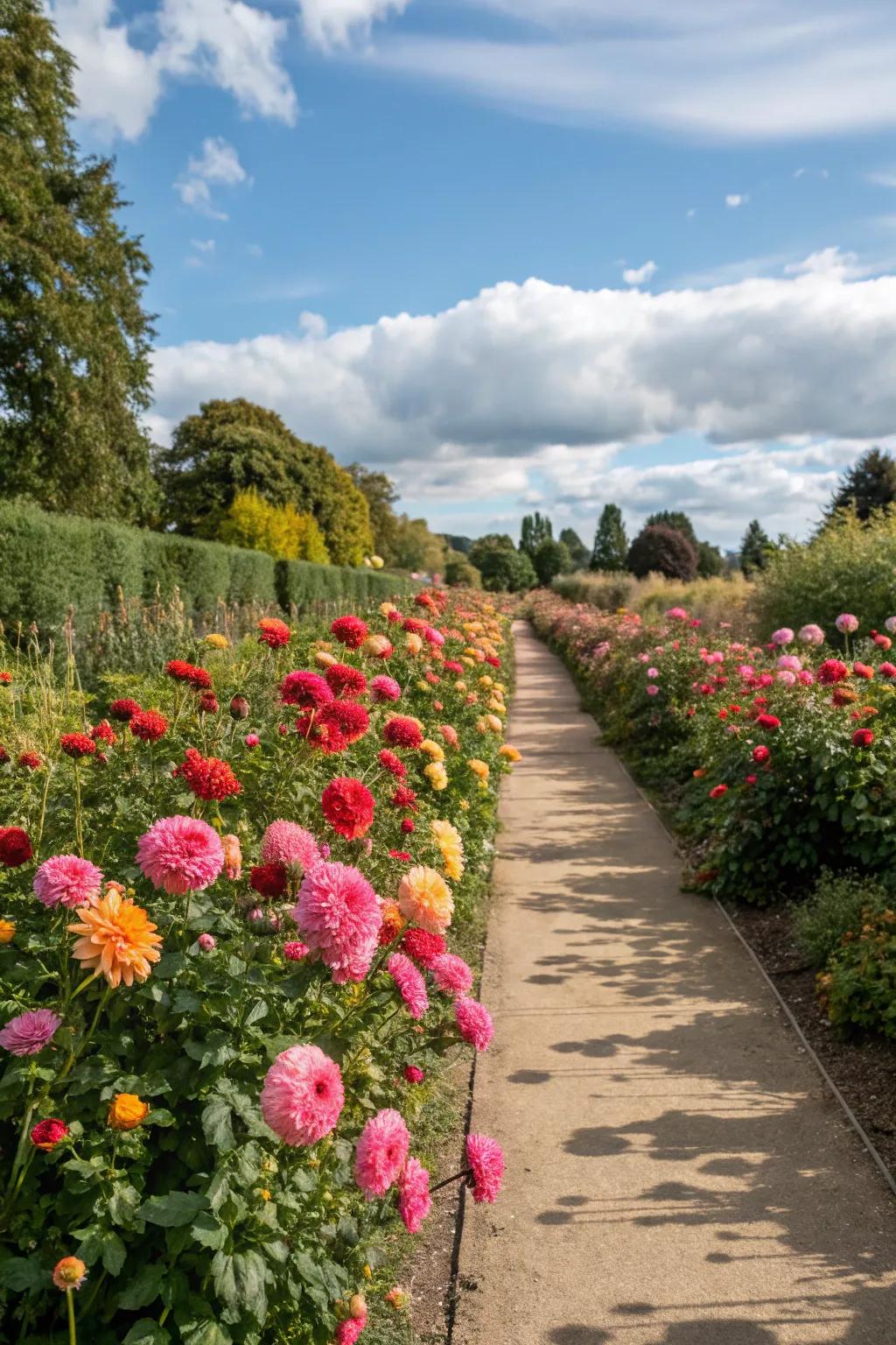 A garden route outlined by brilliant bloom borders.