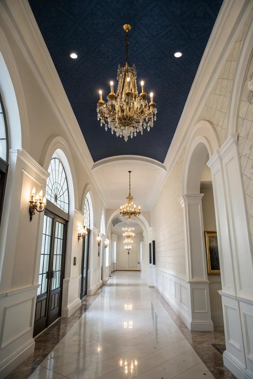 An elegant entrance featuring a striking deep azure ceiling.