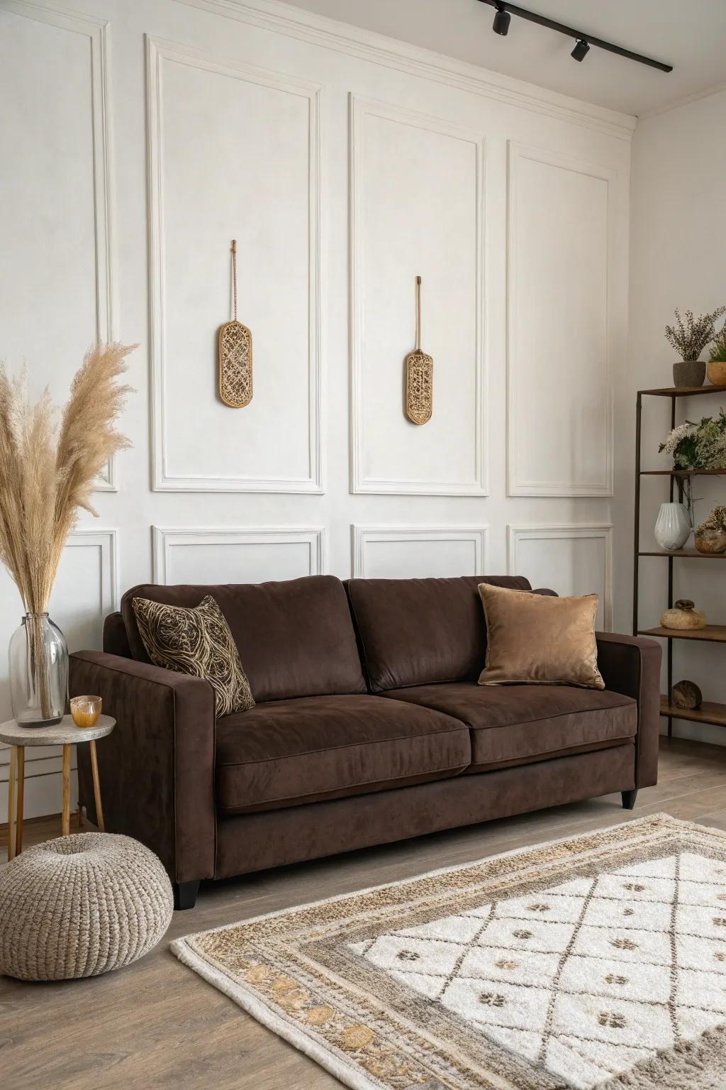 Understated tones guarantee your cocoa-colored settee persists as the focal point within the area.