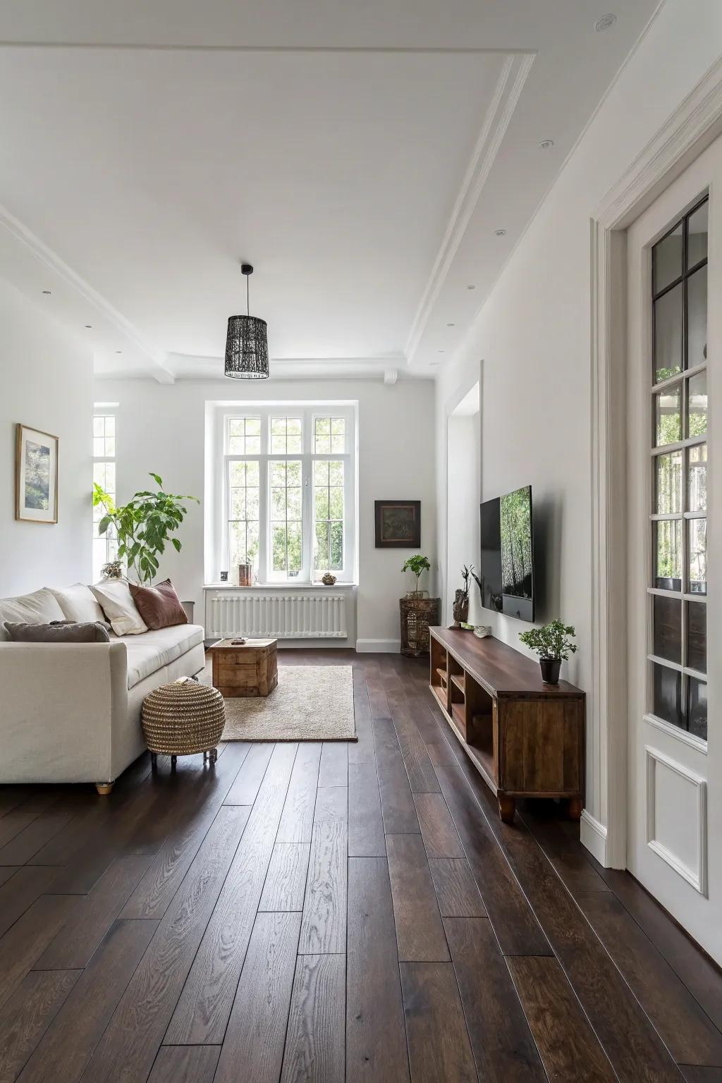 White walls offer a classic backdrop for dark brown floors.