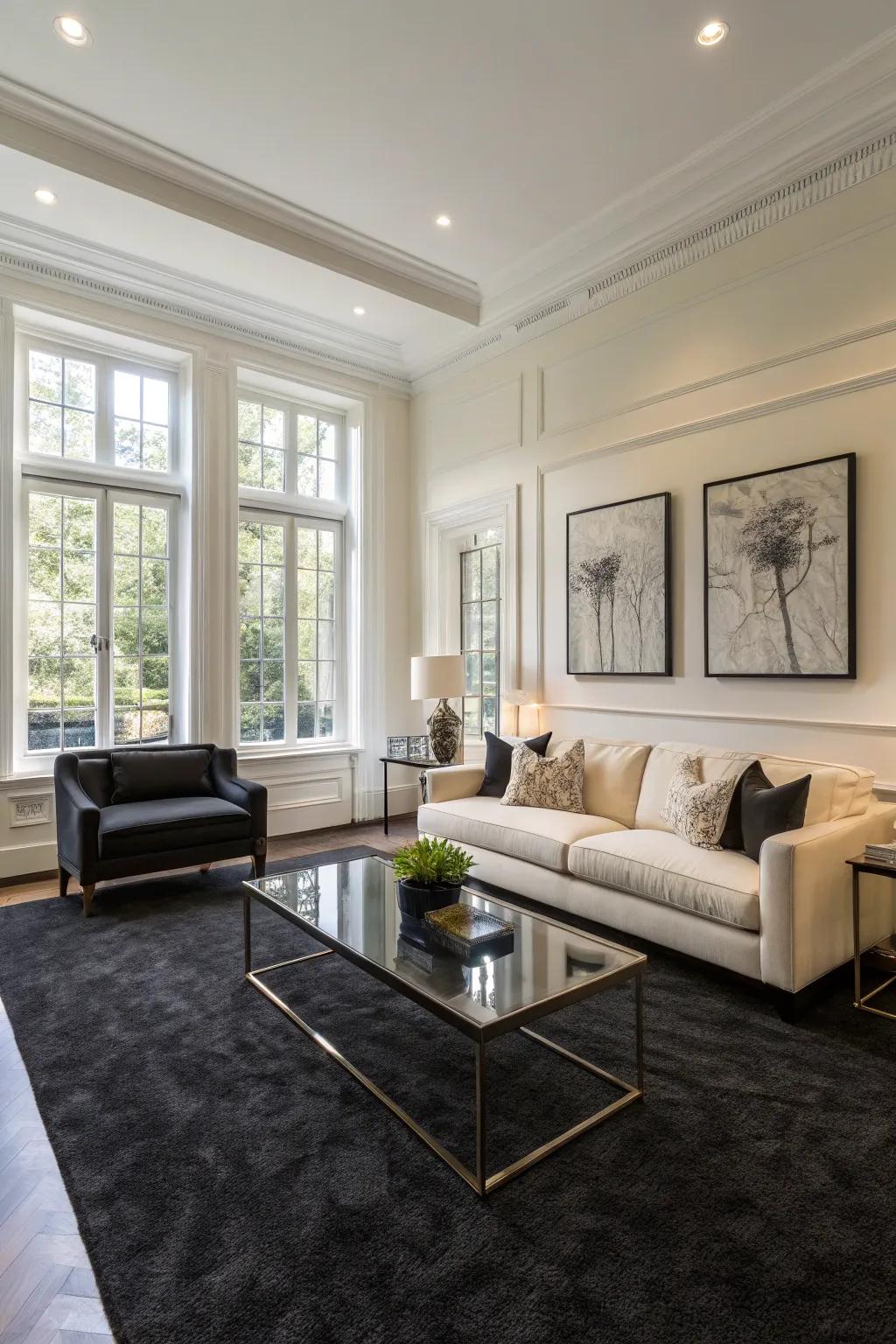 A captivating contrast achieved through the pairing of deep-toned floor coverings and illuminated walls.