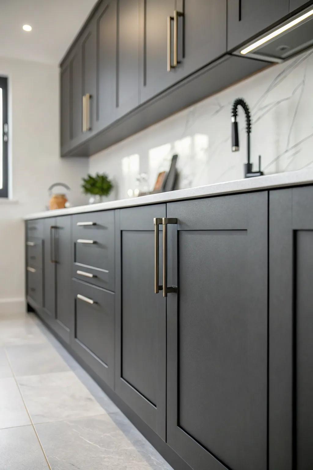 Minimalistic kitchen featuring deep charcoal cabinets for a serene and uncluttered atmosphere.