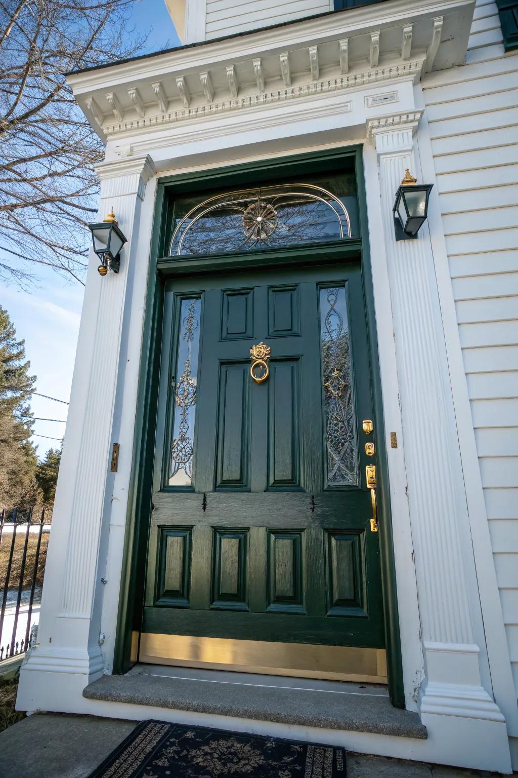 A timeless paneled door in deep green with shimmering brass accents.