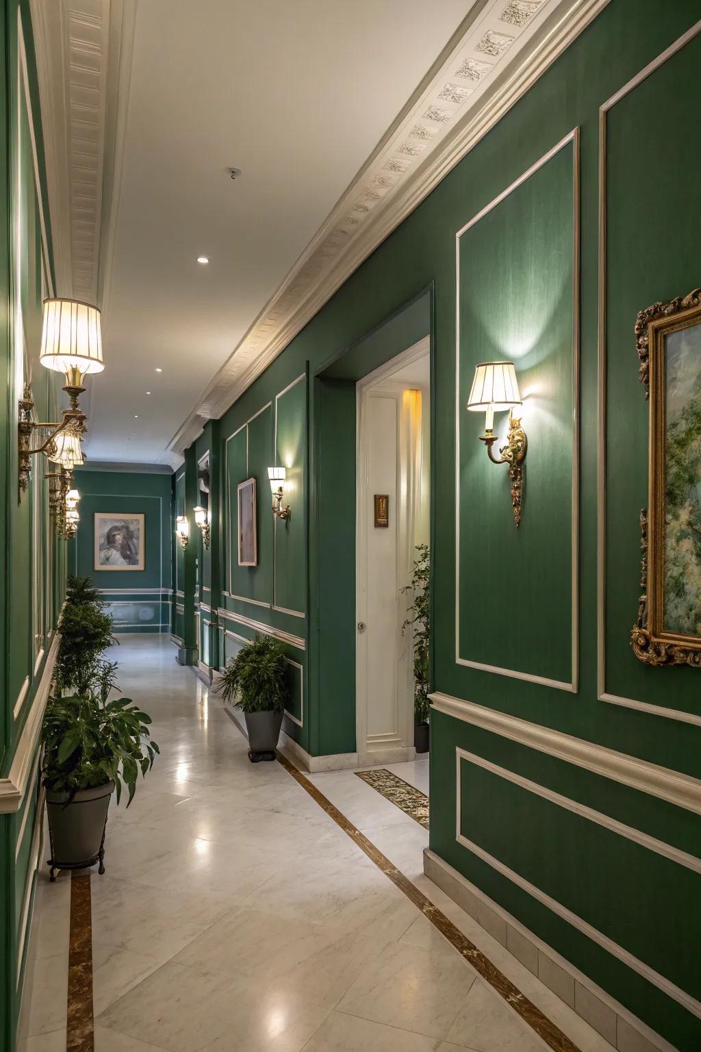 Deep green walls transform this hallway into a refined space.