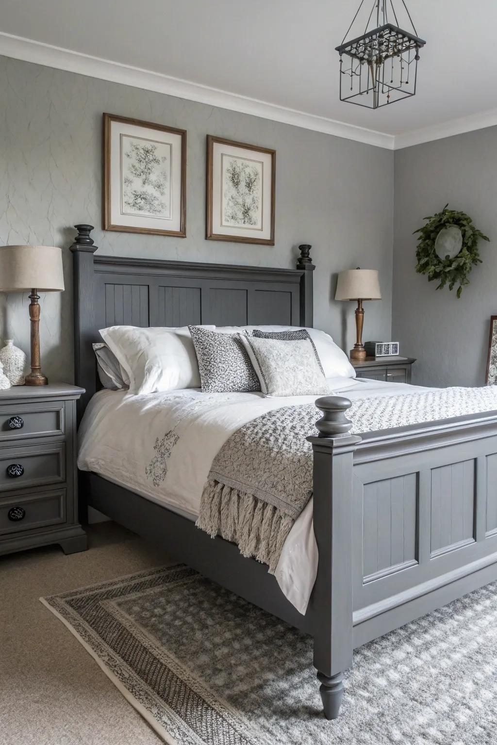 A peaceful, classy monochrome bedroom featuring a deep charcoal bed frame.