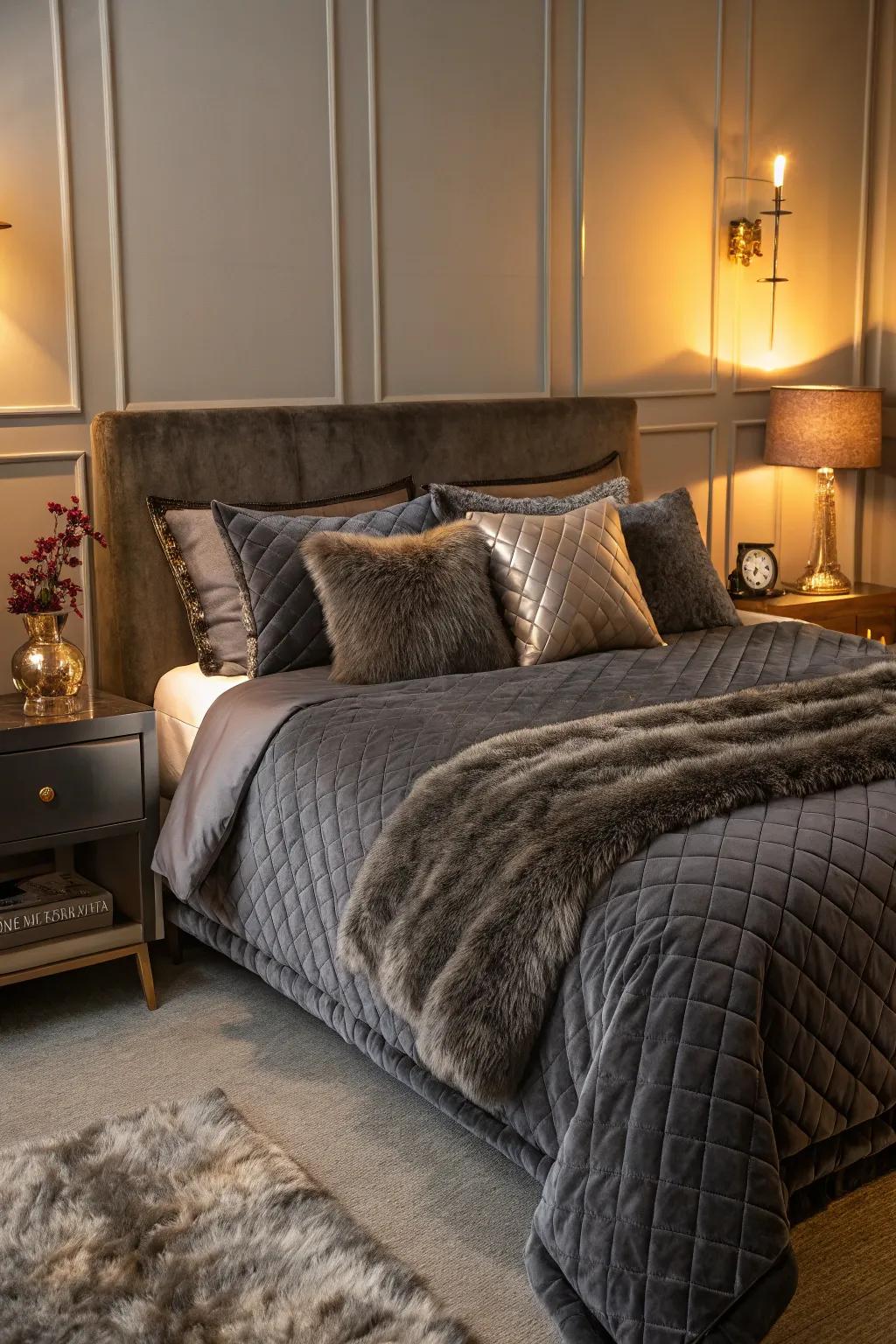 Silk and simulated fur combine to create a lavish atmosphere in your bedroom.