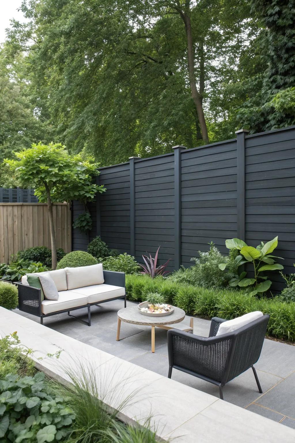A minimalist garden showcasing a deep charcoal barrier with crisp lines and contemporary furniture.