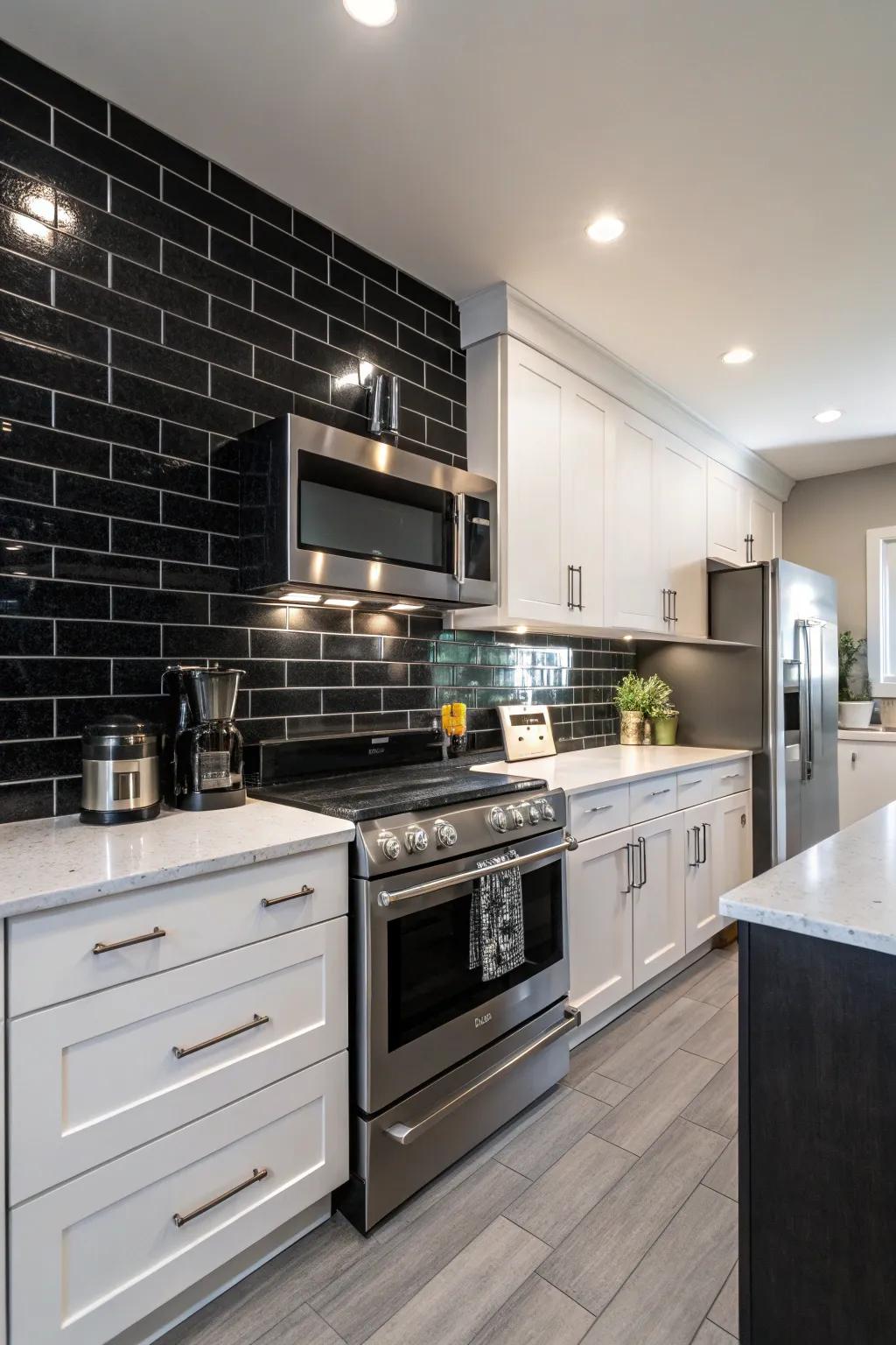 A kitchen featuring a black subway tile backsplash paired with sleek stainless steel appliances.