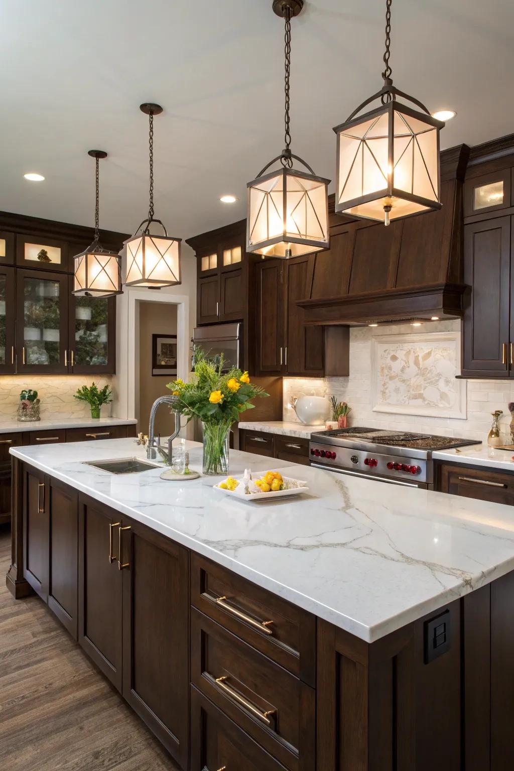 Deep-toned cabinets form a stunning contrast against white marble countertops for a balanced visual appeal.