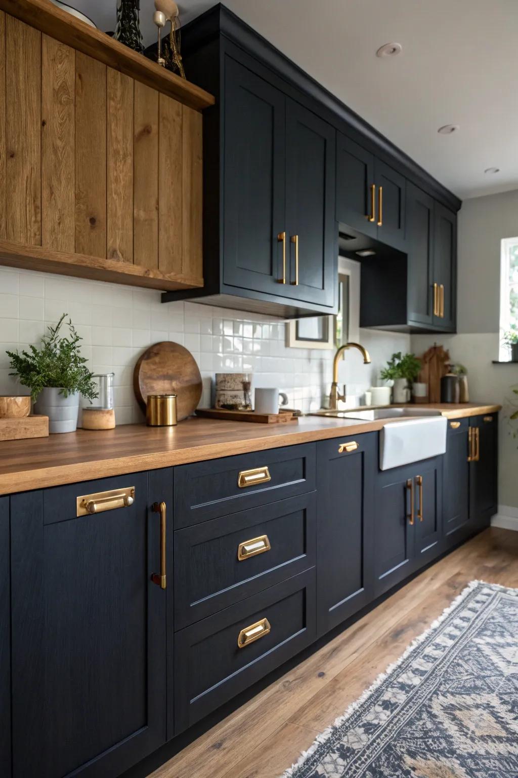 Elegantly dark navy cabinets paired with brass hardware create a luxurious kitchen ambiance.