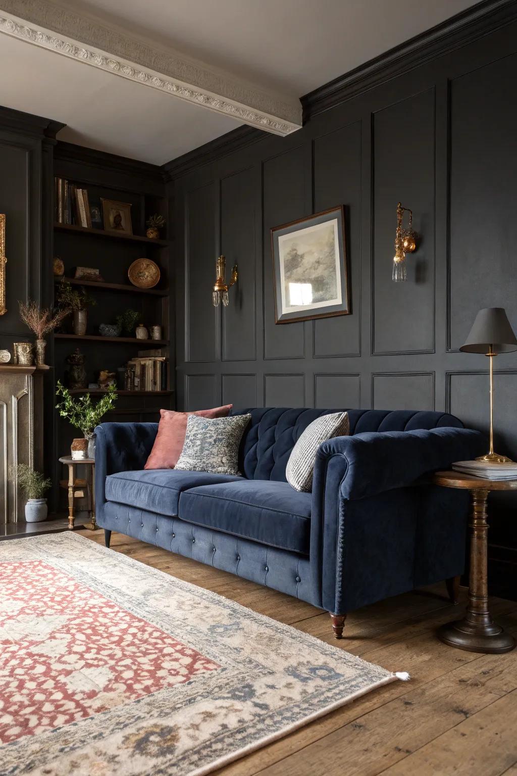 A lounge area showcasing anthracite-colored walls and a midnight blue velvet couch.
