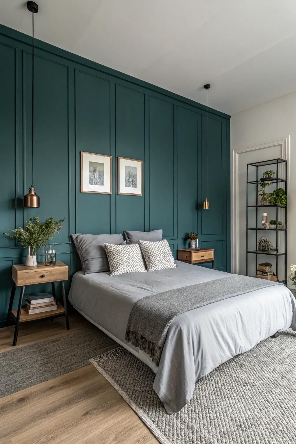A dark teal accent wall brings sophistication and richness.