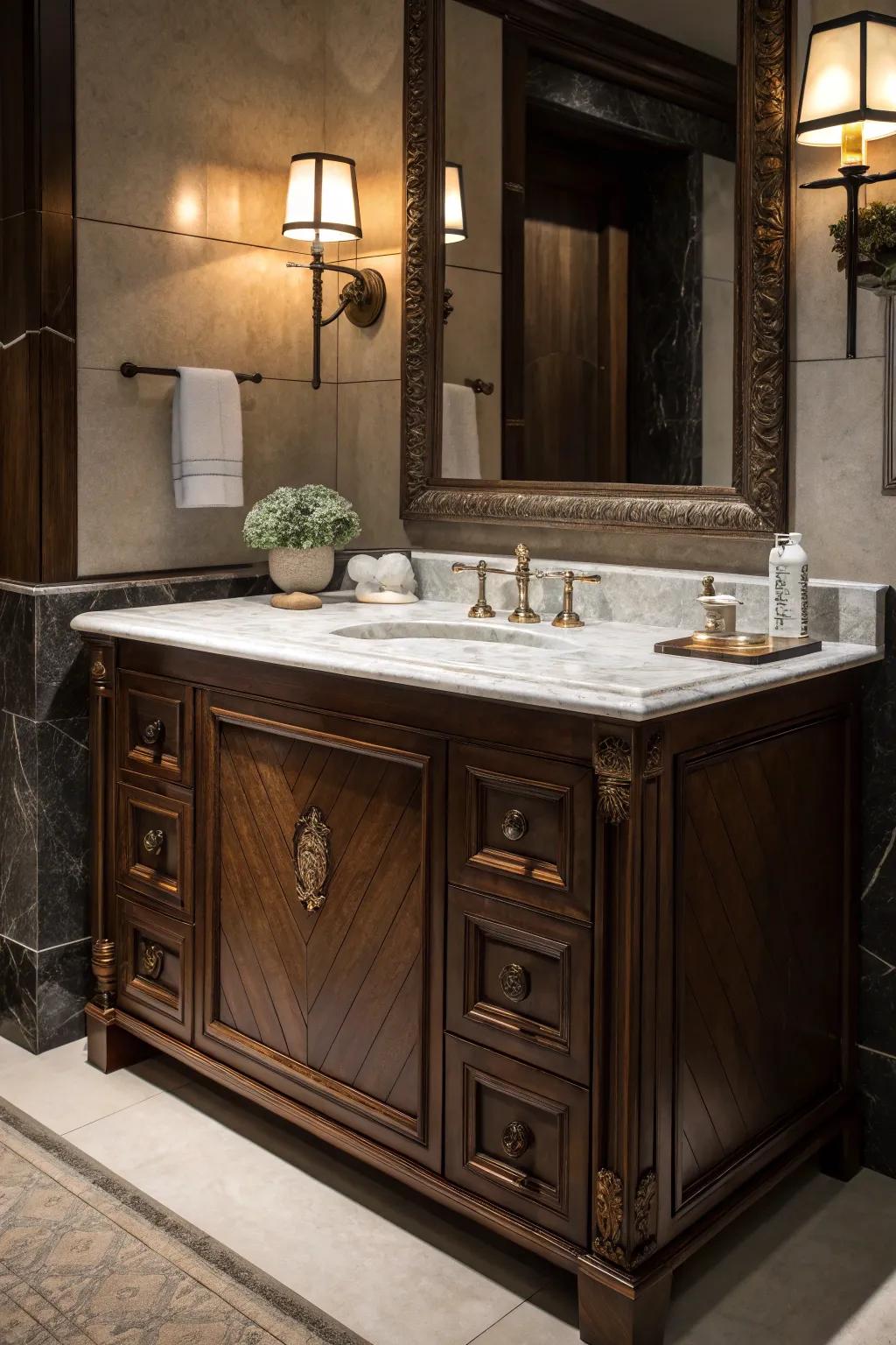 A classic dark wood vanity is beautifully complemented by a smooth marble countertop.