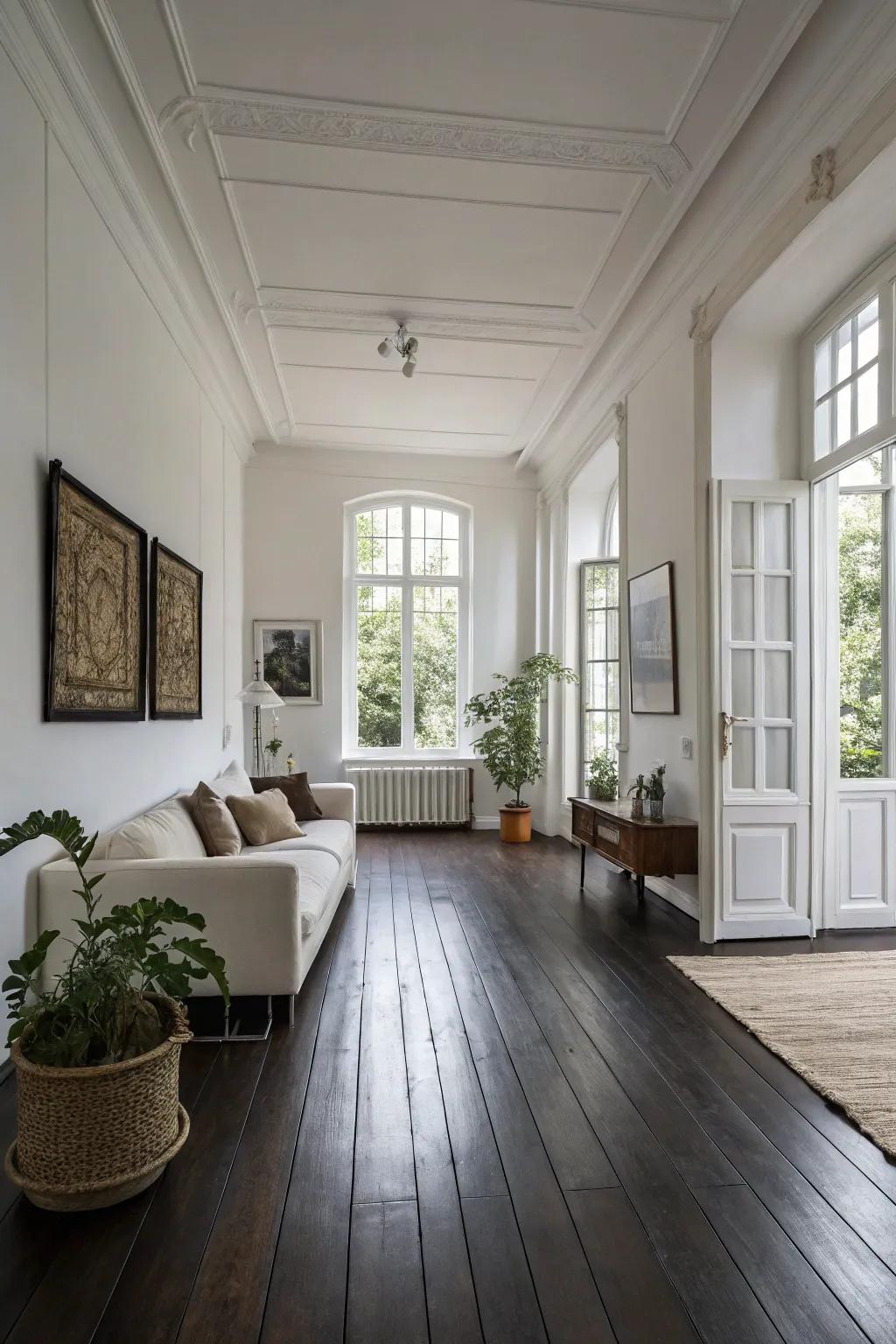 A minimalist living area where rich dark wood flooring meets pristine white walls.