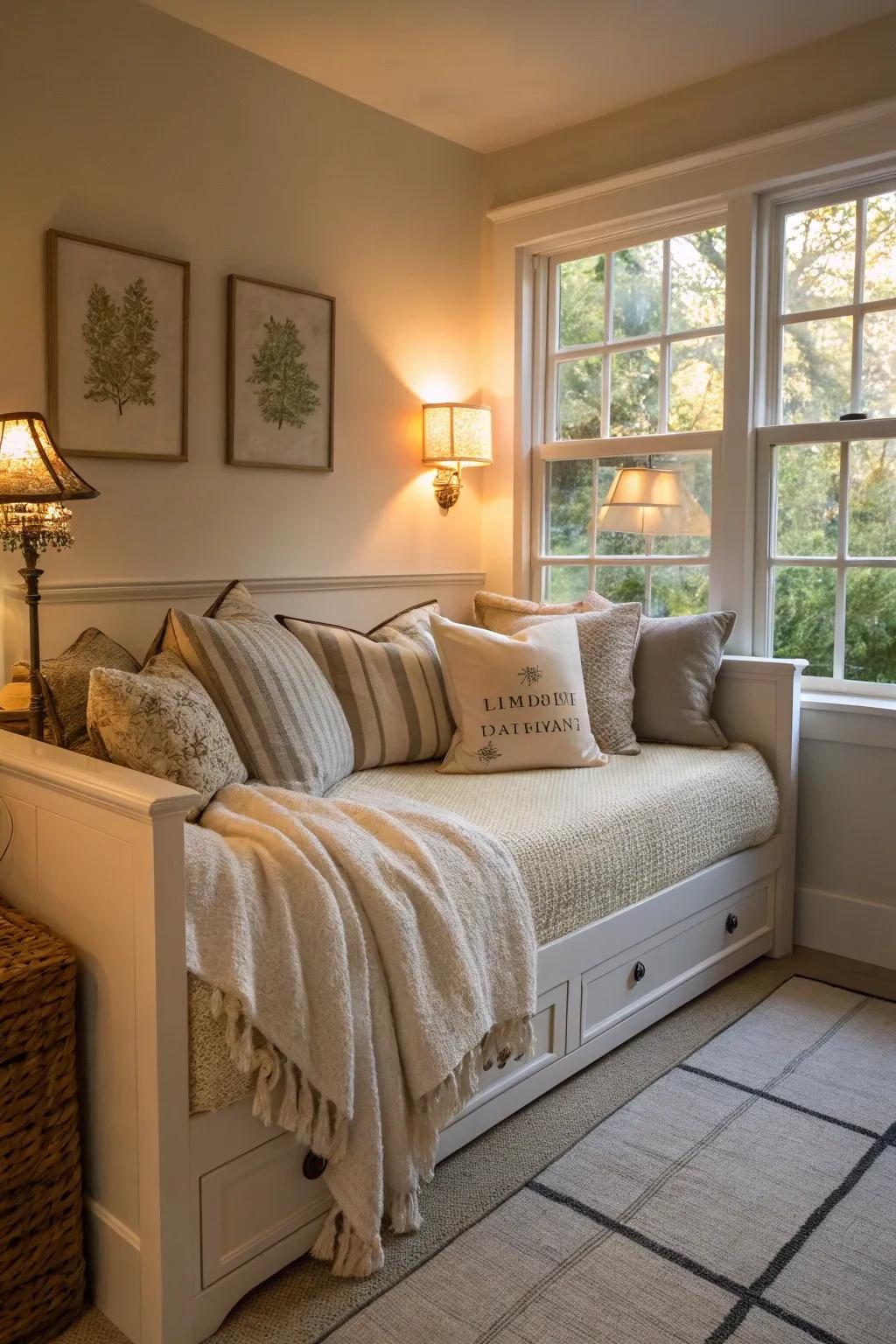 A corner daybed getaway layered with soft fabrics