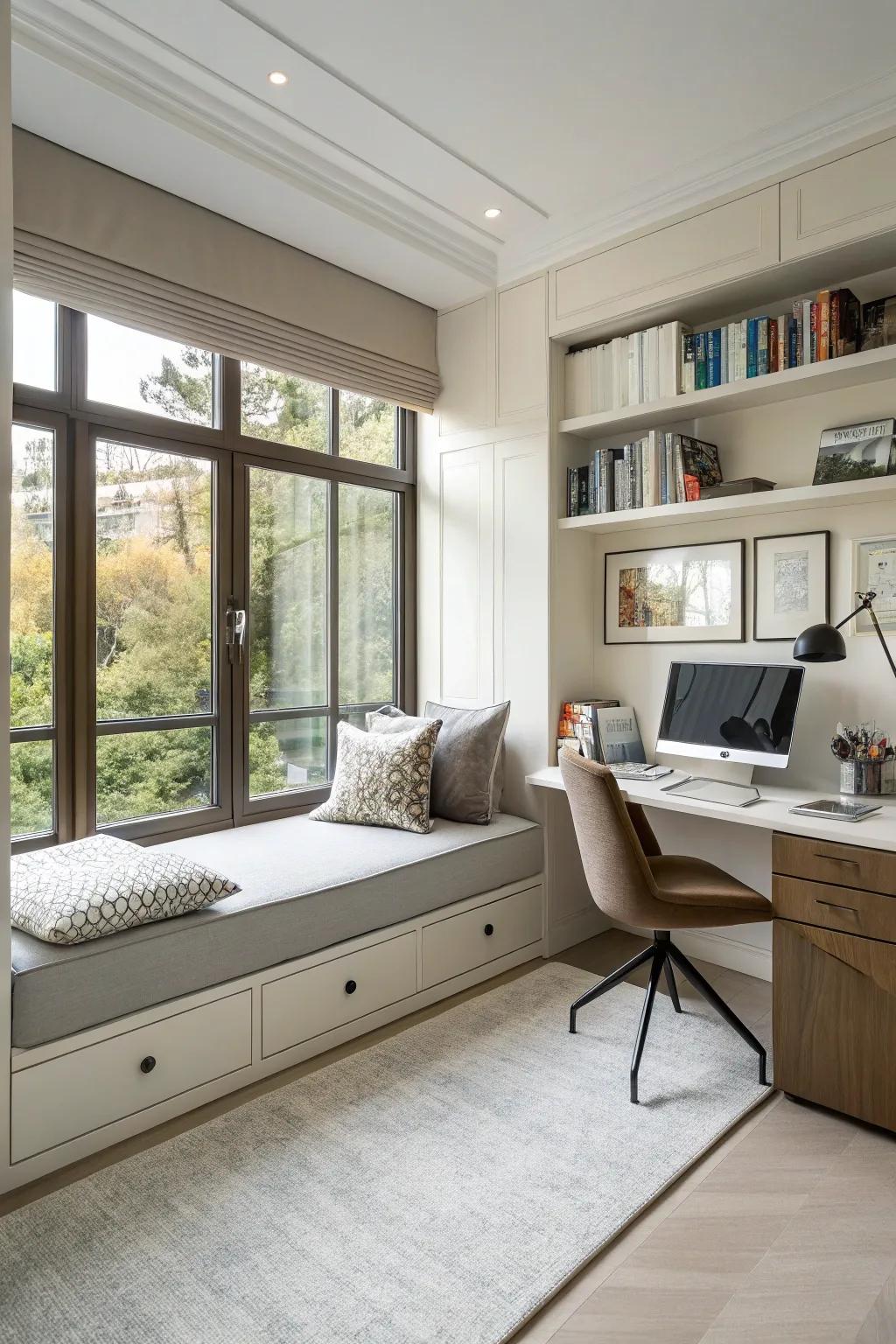 A multipurpose home office featuring a stylish daybed for both work and leisure.