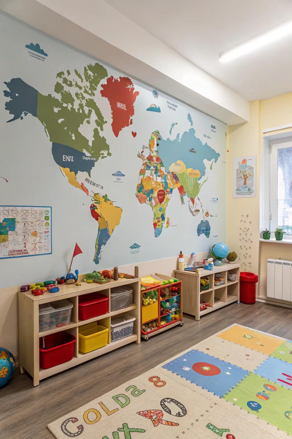 A daycare area decorated with instructive world map wallpaper.