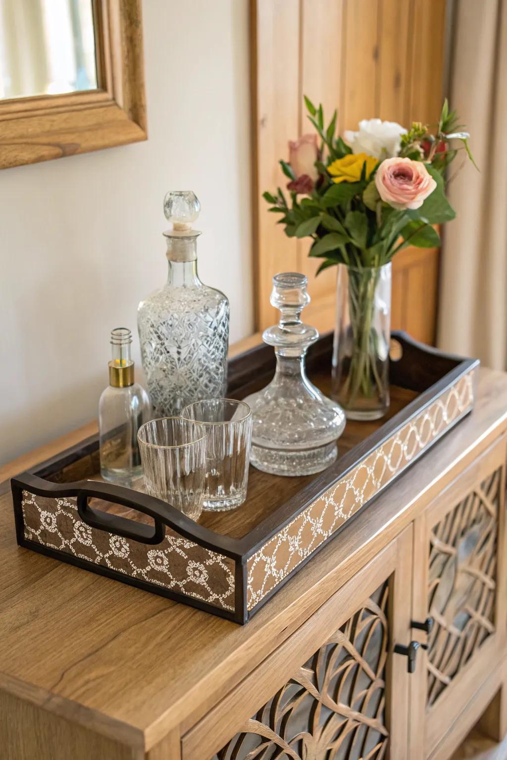 A stylish tray display with special containers and fresh flowers.