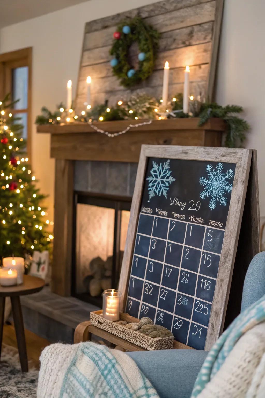 An enchanting ice scape-themed chalkboard calendar.