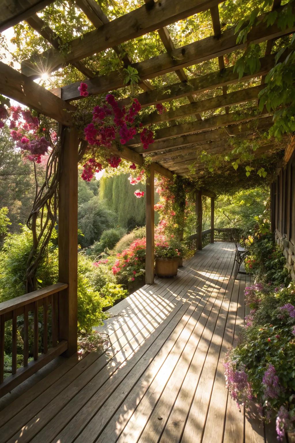 A pergola decorated with climbing plants makes a quiet and shaded deck region.