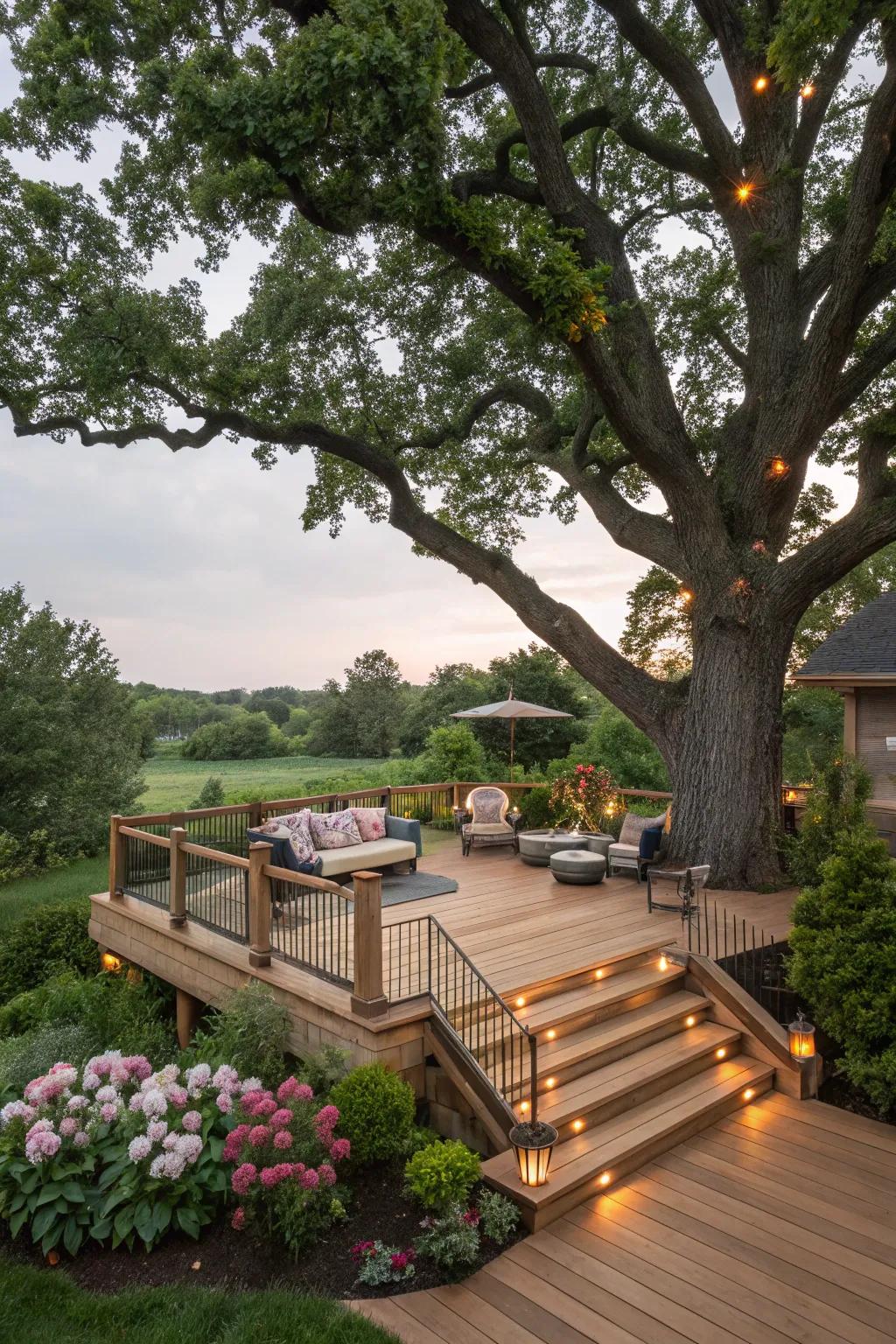 A deck fluidly wraps around a striking oak tree, perfectly merging with the encompassing nature.