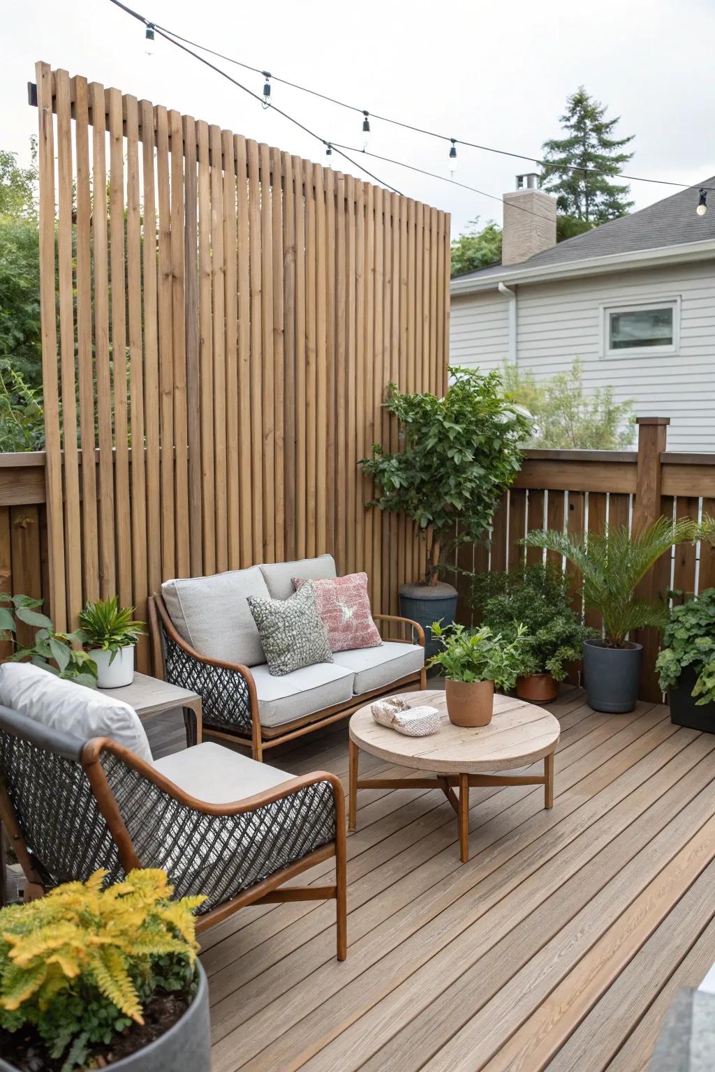 An elegant deck showcasing a standing timber slat privacy barrier.