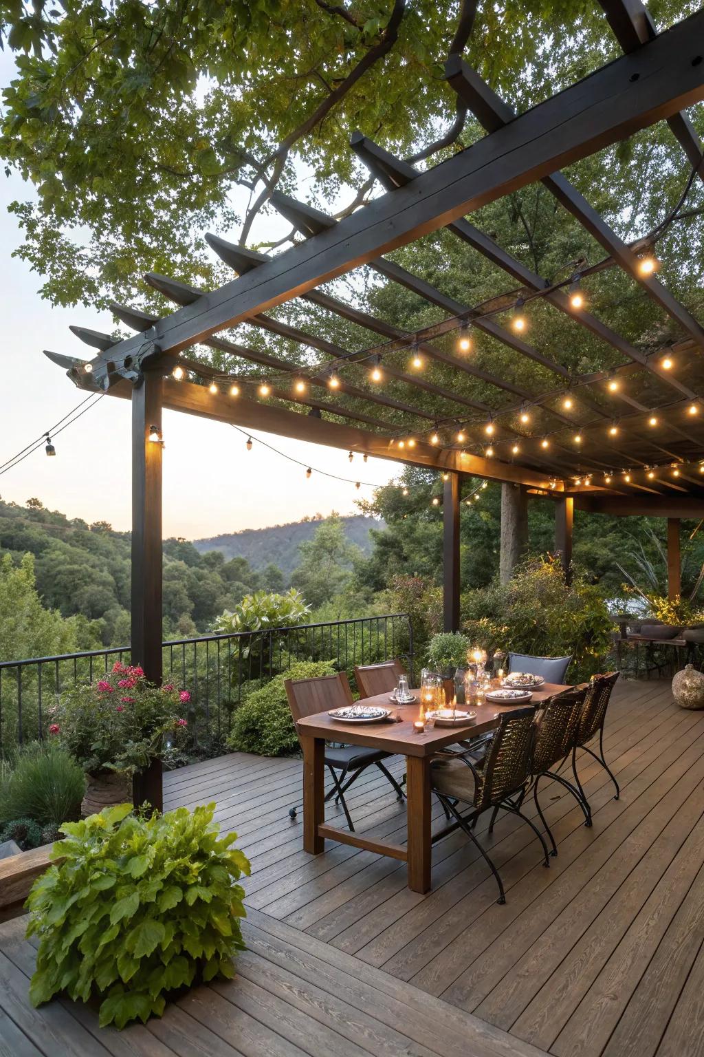 An outside meal area under a frame with welcoming twinkle lights.