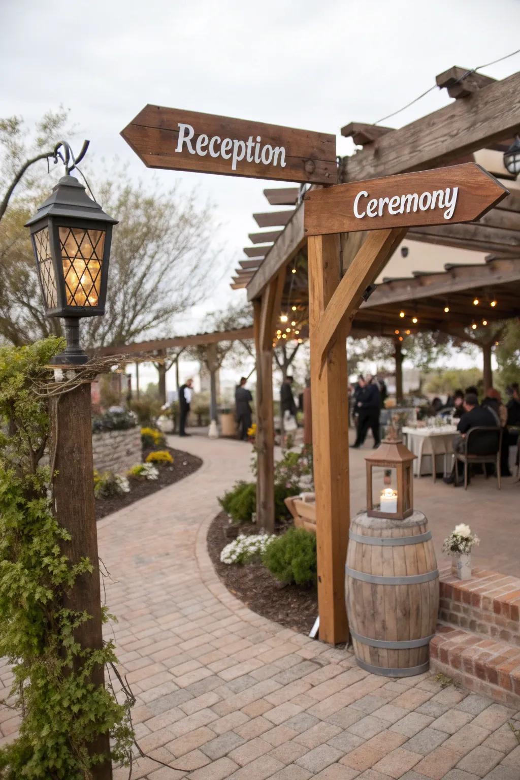 Custom-made wooden signs at a country-style wedding location.