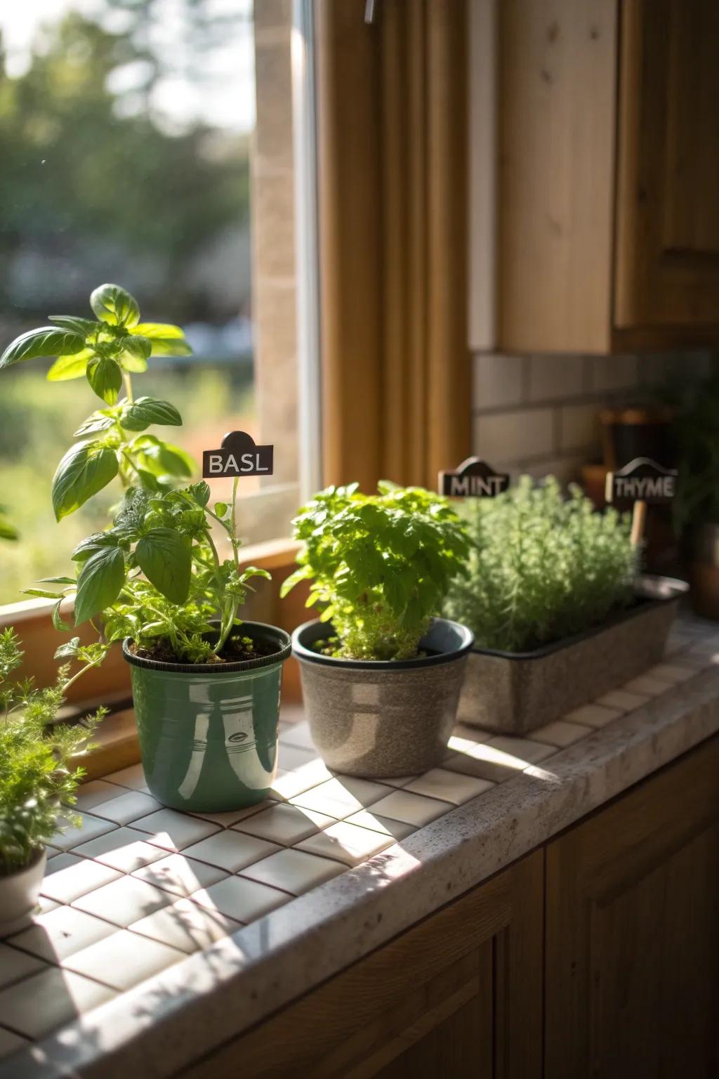 A kitchen window sill beautifully arranged with garden-fresh herbs and potted plants.