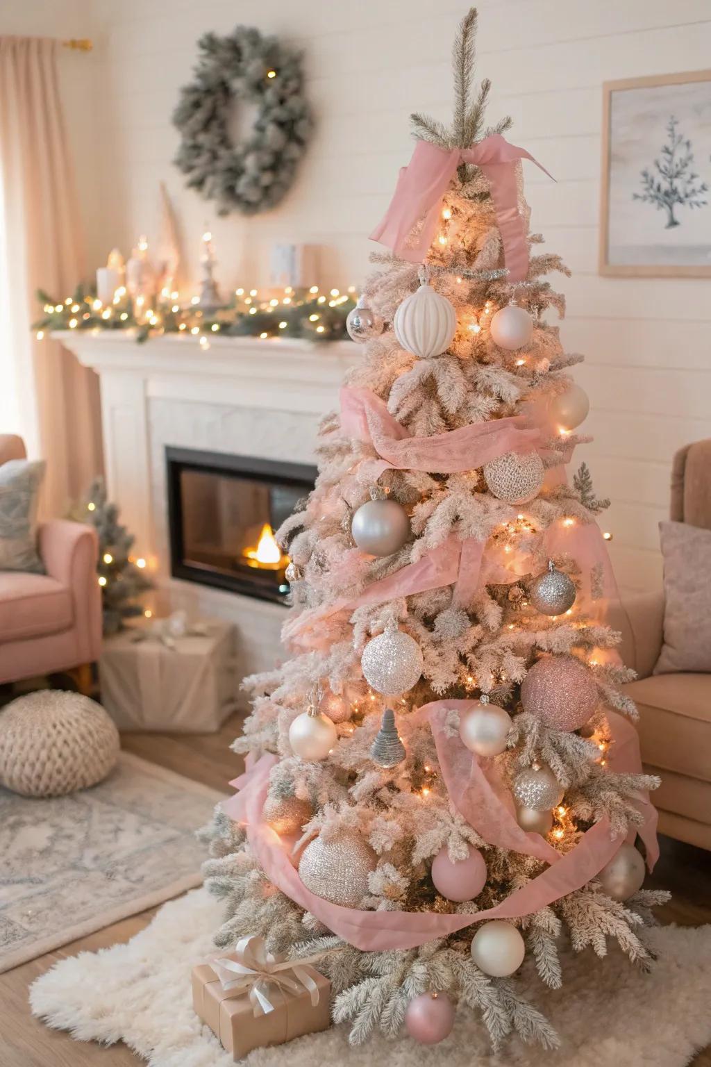 A pastel pink Christmas tree radiating refinement in a comfortable environment.