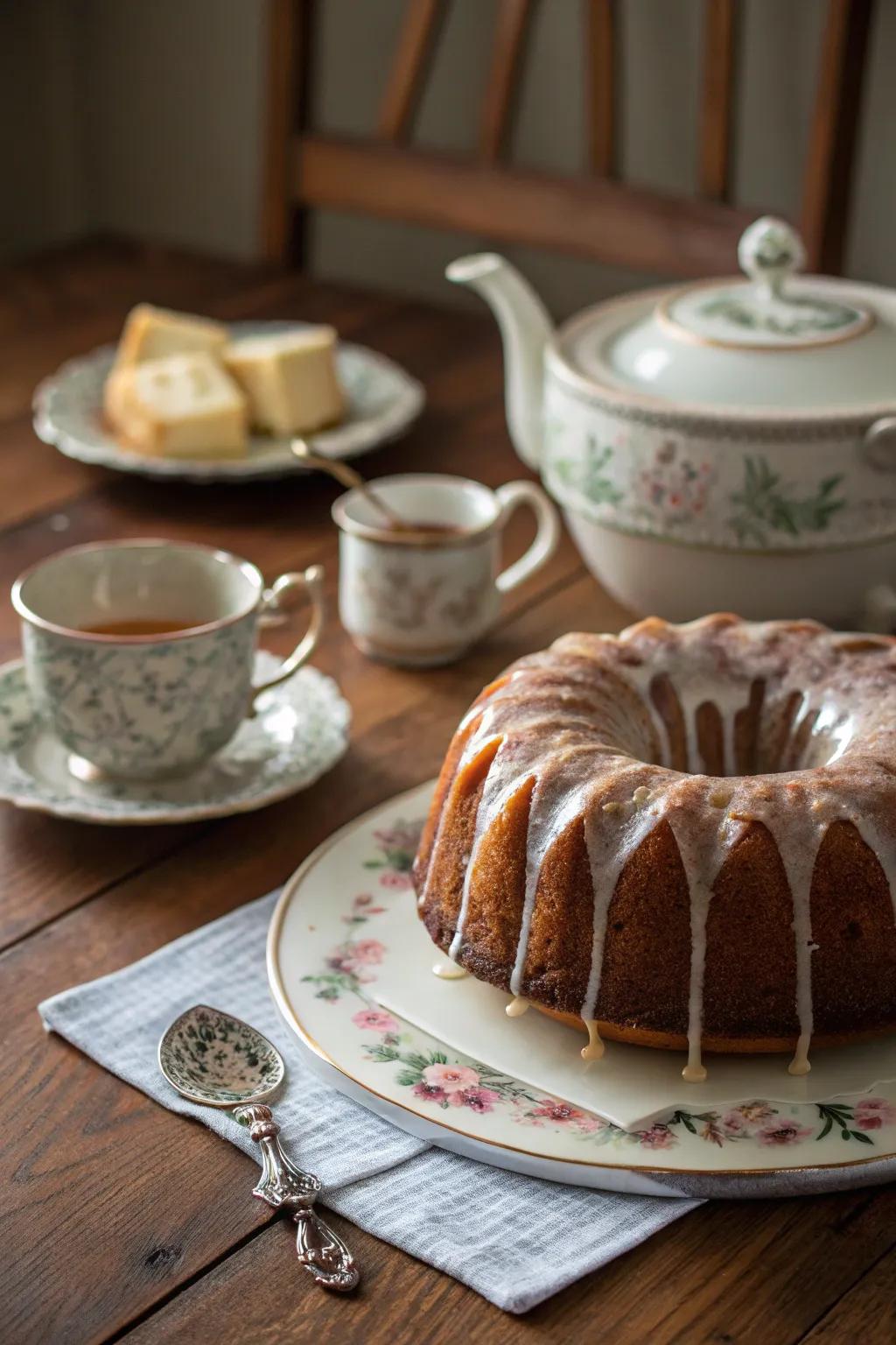 A bundt cake featuring a lustrous glaze that enhances its inherent charm.