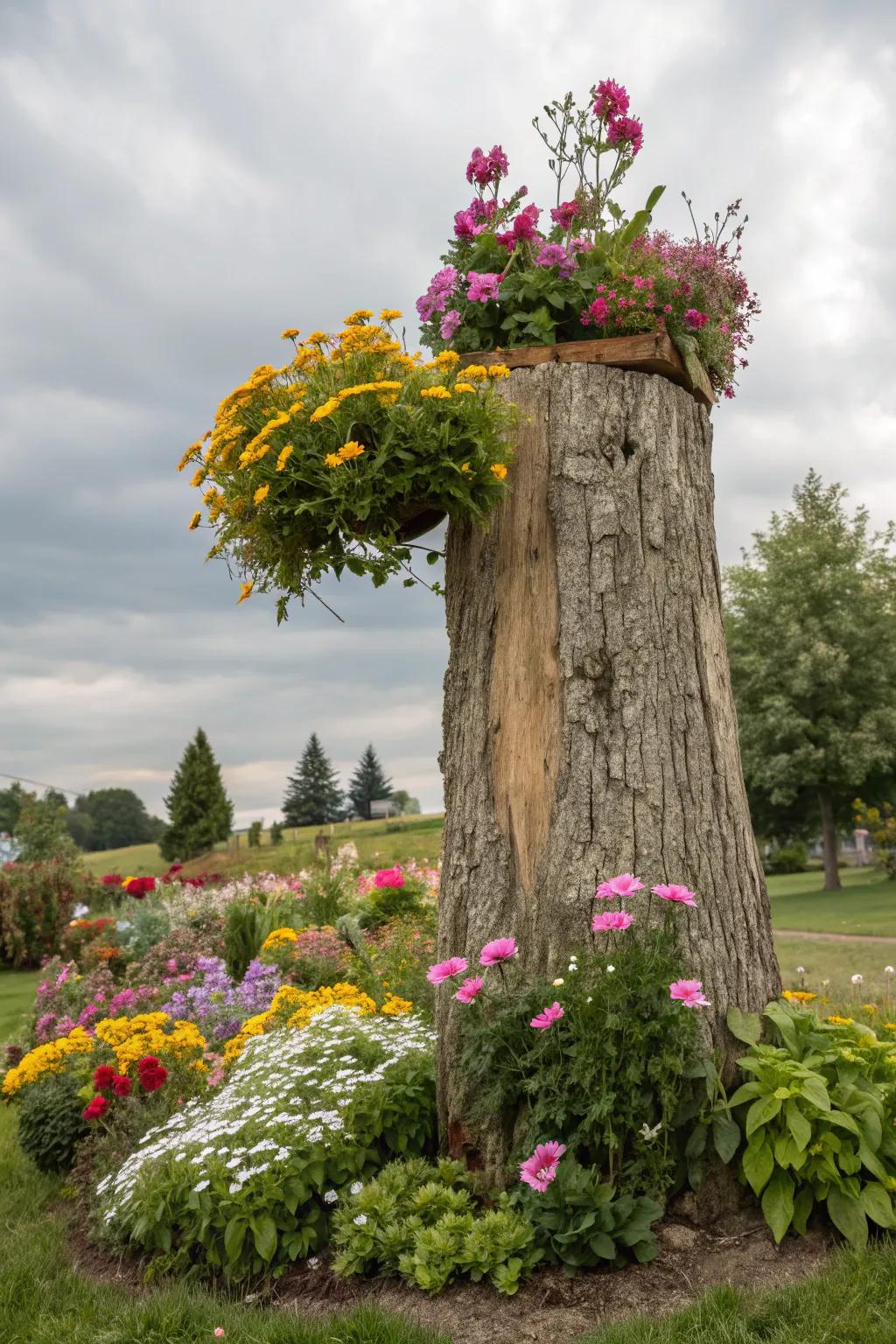 A tall tree stump planter injects vibrant color into any garden setting.
