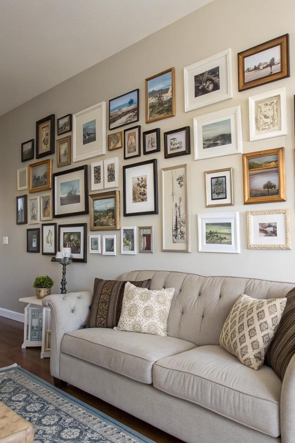 A gallery wall displays a creative array of frames for a tailored decorative impression.