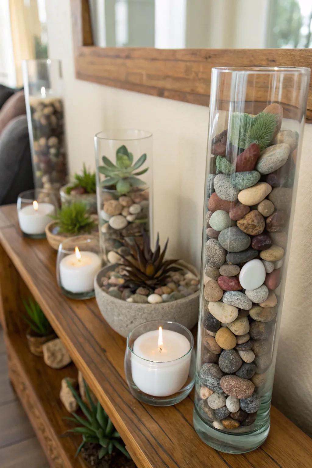 Change commonplace glass vessels into eye-catching decor using tiny stones.