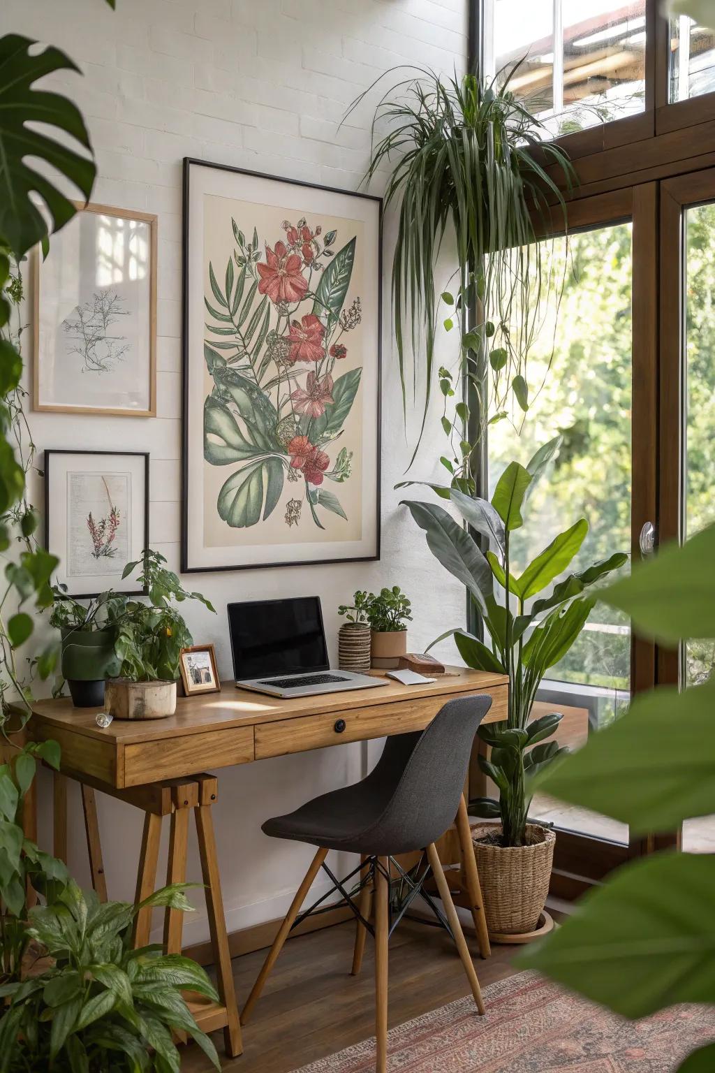 A home office featuring a framed floral design drawing.