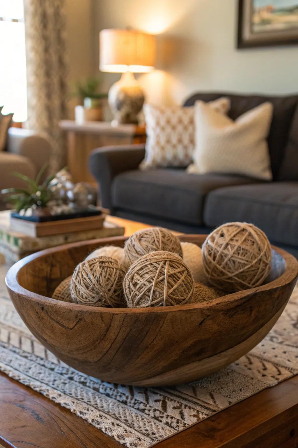 Jute-wrapped spheres giving a natural feel to a living space