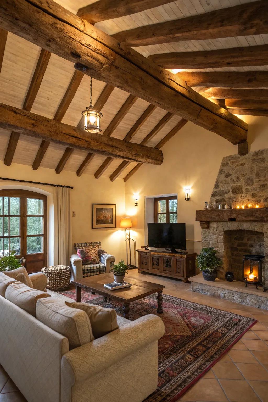 Rustic wooden beams add warmth and charm to this inviting living room.